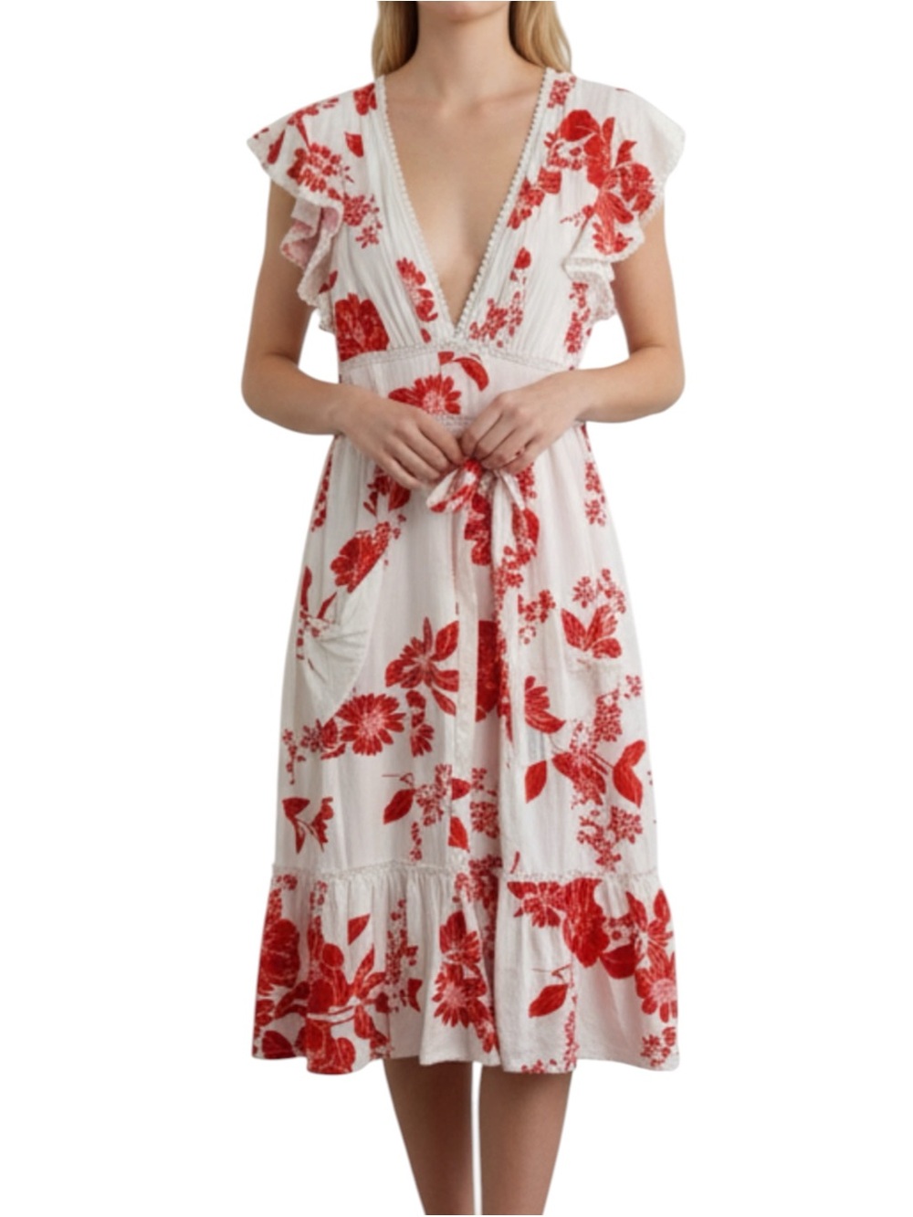 Karlie Red Floral Plunge VNeckline Waist Tie Lace Trim Flutter Sleeve Midi Dress
